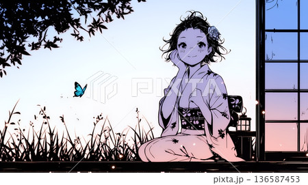 浴衣姿で夕涼みをしている若い女性（シンプルな色使い）