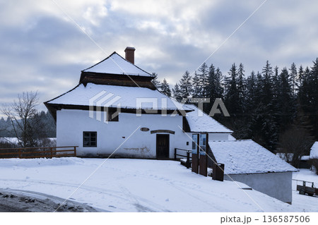 Olsina Mill museum building in winter snow, Sumava mountains Olsina Mill museum building in winter snow, Sumava mountains 136587506