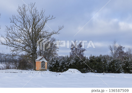 Roadside chapel and bare tree in snowy Horni Plana 136587509