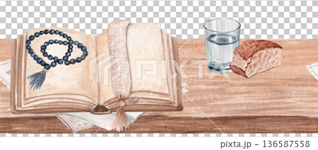 Open Bible with rosary beads, bread, glass of water on rustic wooden table watercolor illustration isolated on white. Ideal for church materials, Lent publications, devotional content, religious Open Bible with rosary beads, bread, glass of water on rustic wooden table watercolor illustration isolated on white. Ideal for church materials, Lent publications, devotional content, religious 136587558