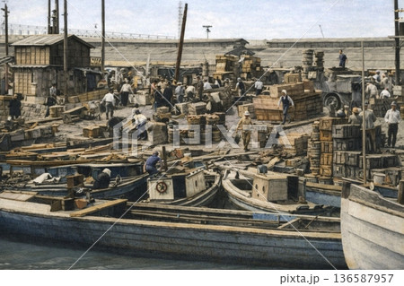 古写真　1932年　東京　築地の魚河岸（モノクロ写真をAIでカラー化） 136587957