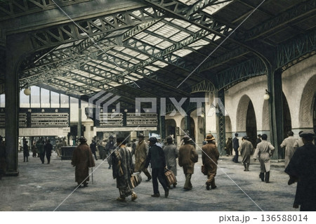 古写真　1932年　東京　上野駅構内（モノクロ写真をAIでカラー化） 136588014