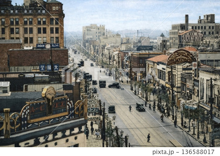 古写真　1932年　東京　銀座四丁目から望む銀座中央通りの六丁目方面（モノクロ写真をAIでカラー化） 136588017