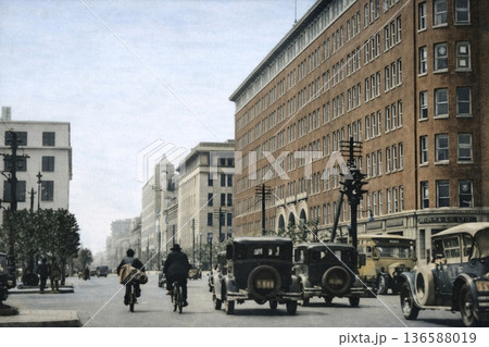 古写真　1932年　東京駅前　当時の丸ノ内ビルヂング（モノクロ写真をAIでカラー化） 136588019