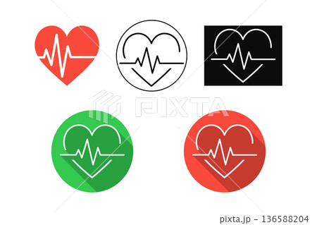 Heart Beat Pulse Icon Set With ECG Line, Medical Cardio Logos And Flat Design Variations 136588204