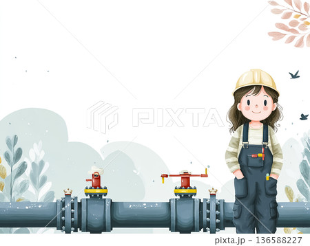 石油プラントの配管設備を管理する女性作業員｜エネルギー産業・インフラ安全管理イメージ 136588227