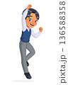 Young Asian school boy jumping with one hand in the air. Cartoon vector illustration. 136588358