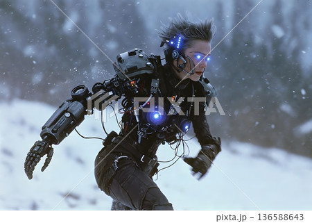 凍てつく世界を駆ける、青い光を纏った近未来の戦士 136588643