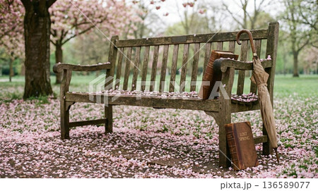 舞い散る花びらと古書が織りなす、春の静寂に包まれた公園の情景 舞い散る花びらと古書が織りなす、春の静寂に包まれた公園の情景 136589077