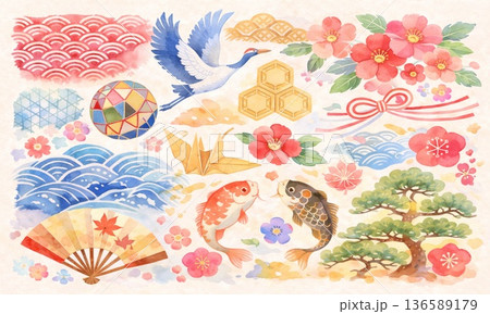 鶴と扇、梅を描いた華やかな和柄背景イラスト 136589179