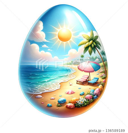 Beach scene with colorful eggs and sun shining brightly 136589189