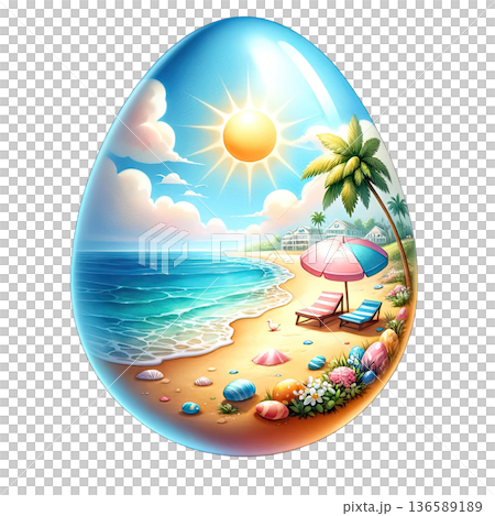 Beach scene with colorful eggs and sun shining brightly 136589189