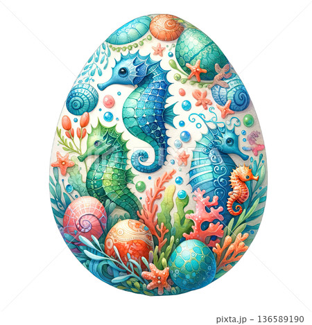 Colorful seahorse and coral design on Easter egg with ocean theme 136589190