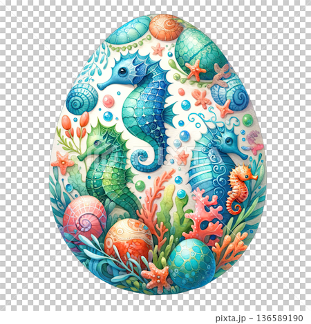 Colorful seahorse and coral design on Easter egg with ocean theme 136589190