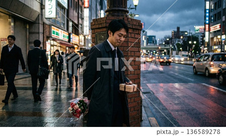 都会の夜、花束を背に愛を誓う。雨上がりの街角で待つ特別な瞬間 136589278