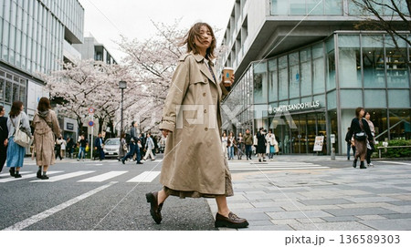 春風に吹かれて。桜舞う表参道をコーヒー片手に歩く都会の日常 136589303
