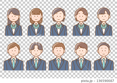 包含10名高中男生和女生的插畫集 | 上半身圖標 136590087