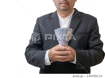 Businessman Holding Cash Money on White Background 136590114