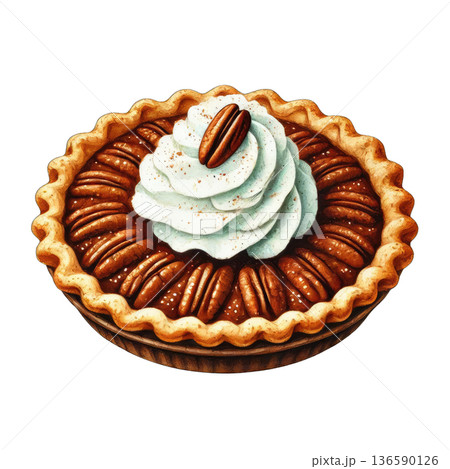 Pecan pie with whipped cream and nut topping, delicious dessert 136590126