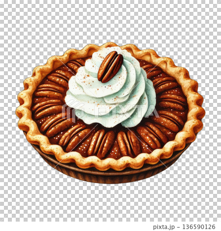 Pecan pie with whipped cream and nut topping, delicious dessert 136590126