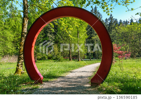 Kranzberg , Germany - May 01, 2025: Asia garden in the World Forest, Weltwald in Freising, Bavaria, Germany. Kranzberg , Germany - May 01, 2025: Asia garden in the World Forest, Weltwald in Freising, Bavaria, Germany. 136590185