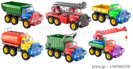 Set of colorful toy trucks and construction vehiclesDump truck, crane, fire ladder truck, tanker, cargo truck and garbage truck, 3d rendering Set of colorful toy trucks and construction vehiclesDump truck, crane, fire ladder truck, tanker, cargo truck and garbage truck, 3d rendering 136590239