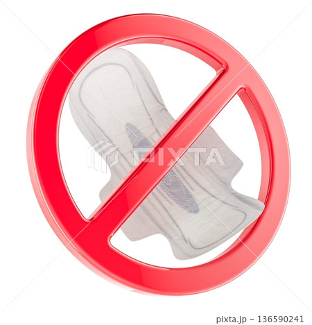 Sanitary pad menstrual with prohibition sign, 3D rendering Sanitary pad menstrual with prohibition sign, 3D rendering 136590241