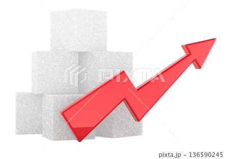Sugar cubes with upward arrow price increase concept. 3D rendering Sugar cubes with upward arrow price increase concept. 3D rendering 136590245