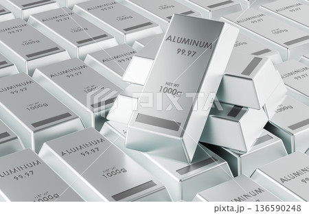Aluminum ingots bars stacked, metal ingots background. 3D rendering 136590248