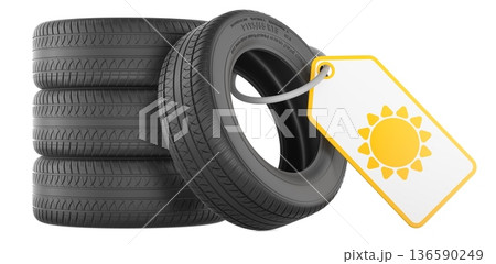 Summer tires set with sun tag seasonal concept, 3D rendering Summer tires set with sun tag seasonal concept, 3D rendering 136590249