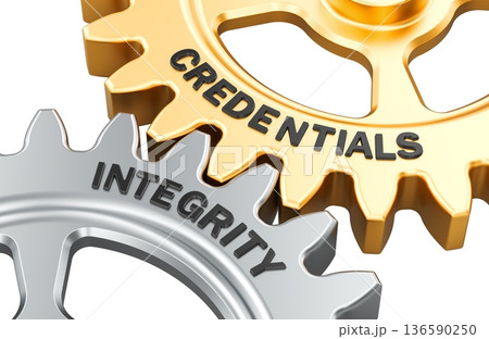 Credentials and Integrity concept with interlocking metal gears. 3D rendering Credentials and Integrity concept with interlocking metal gears. 3D rendering 136590250