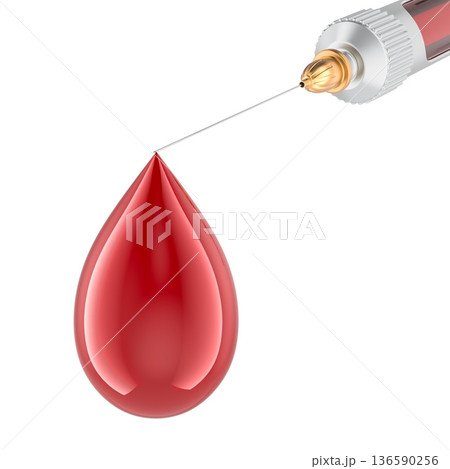 Syringe needle with blood drop. 3D rendering 136590256
