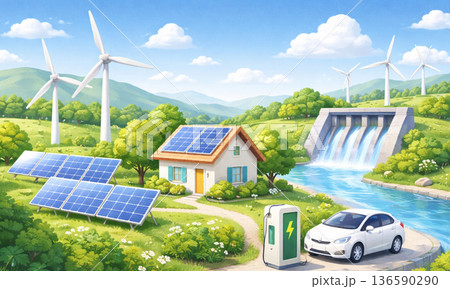 再生可能エネルギーが広がる持続可能な未来社会のイラスト 136590290