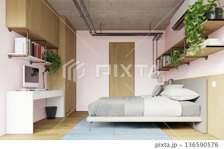 Modern bedroom interior with home office workspace and wardrobe. 3D render of pink room with concrete ceiling and computer desk Modern bedroom interior with home office workspace and wardrobe. 3D render of pink room with concrete ceiling and computer desk 136590576