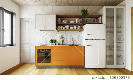 Modern kitchen interior with orange cabinets and retro refrigerator. 3D rendering of a stylish cooking area with concrete ceiling. Industrial home design 136590578
