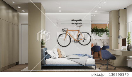 Modern studio apartment interior with wall-mounted bicycle and skis. Compact living space featuring a home office desk and kitchen background. 3d render of active lifestyle room design 136590579