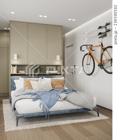 Modern bedroom interior with orange bicycle hanging on wall. 3D render of stylish room with blue bed and built-in wardrobe storage Modern bedroom interior with orange bicycle hanging on wall. 3D render of stylish room with blue bed and built-in wardrobe storage 136590582