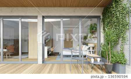 Modern bedroom interior viewed through glass sliding doors from a wooden terrace. Balcony with metal chairs and vertical garden wall. 3D rendering of residential architecture 136590594