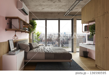 Modern bedroom interior with home office workspace and wardrobe. 3D render of pink room with concrete ceiling and computer desk Modern bedroom interior with home office workspace and wardrobe. 3D render of pink room with concrete ceiling and computer desk 136590595