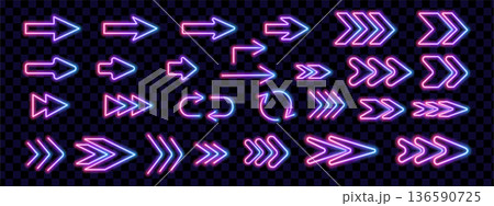 Vibrant neon sign featuring illuminated arrow pointer with casino-inspired LED glow ideal for cyberpunk street scenes and retro bar atmospheres 136590725
