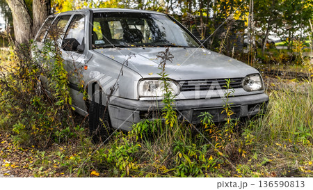 Abandoned Car Overgrown with Grass 136590813