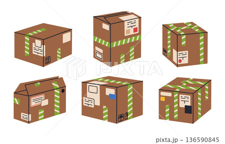 Cardboard boxes. Packed parcels, stacked cargo warehouse box piles, delivery or moving carton containers stack flat vector illustration set. Cartoon boxes isolated on white background Cardboard boxes. Packed parcels, stacked cargo warehouse box piles, delivery or moving carton containers stack flat vector illustration set. Cartoon boxes isolated on white background 136590845