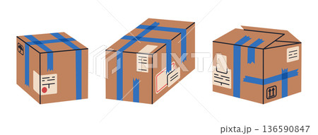 Cartoon cargo parcels. Packed cardboard boxes, carton warehouse boxes with goods, delivery or moving containers flat vector illustration set. Delivery boxes on white background Cartoon cargo parcels. Packed cardboard boxes, carton warehouse boxes with goods, delivery or moving containers flat vector illustration set. Delivery boxes on white background 136590847