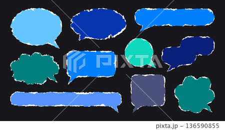 Torn paper speech bubbles. Balloon shapes ripped paper sheets with scrap edge, thought message cloud cracked paper pieces flat vector illustration set. Damaged paper speech bubble shapes Torn paper speech bubbles. Balloon shapes ripped paper sheets with scrap edge, thought message cloud cracked paper pieces flat vector illustration set. Damaged paper speech bubble shapes 136590855