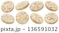 Puffed rice cereal cakes isolated on white background with clipping path, full depth of field 136591032