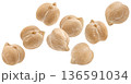 Falling chickpeas isolated on white background, full depth of field, package design element 136591034