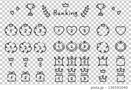 Cute hand-drawn numbers and rankings, hearts, crowns Cute hand-drawn numbers and rankings, hearts, crowns 136591040