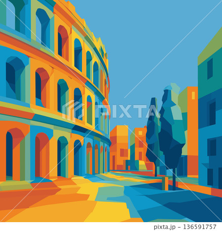 Ancient Rome Colosseum arches minimalist flat design. Colosseum arches depicting Roman architecture in a vibrant, modern flat graphic illustration style 136591757