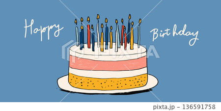 Birthday cake with ten candles and happy birthday text. Illustrated birthday cake with ten lit candles and Happy Birthday message on blue background Birthday cake with ten candles and happy birthday text. Illustrated birthday cake with ten lit candles and Happy Birthday message on blue background 136591758