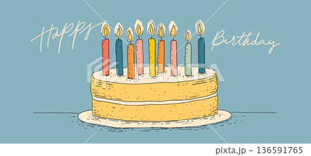 Birthday cake with ten candles and happy birthday text. Illustrated birthday cake with ten lit candles and Happy Birthday message on blue background 136591765